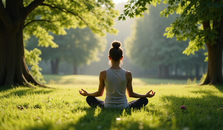 A person meditating in a serene green outdoor environment, symbolizing mental wellness and stress reduction.