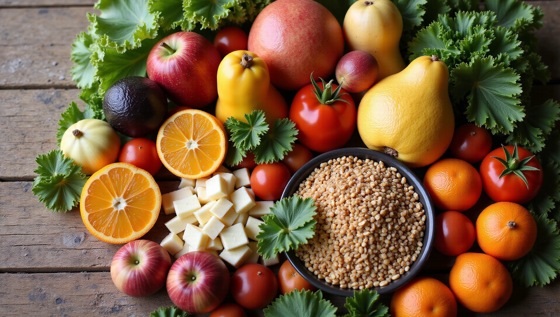 A vibrant and healthy spread of fresh fruits, vegetables, and grains on a rustic wooden table, bathed in natural light, evoking a sense of wellness and natural eating.